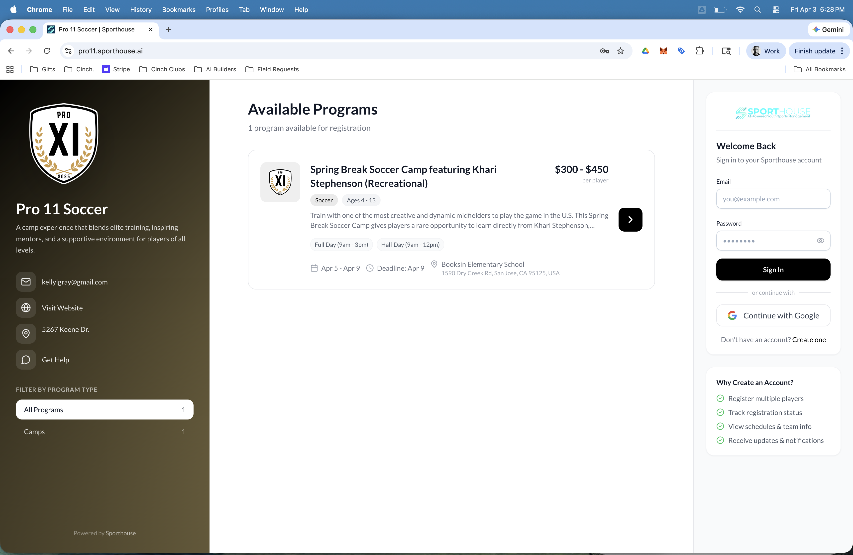 Sporthouse organization page with program listings and pricing