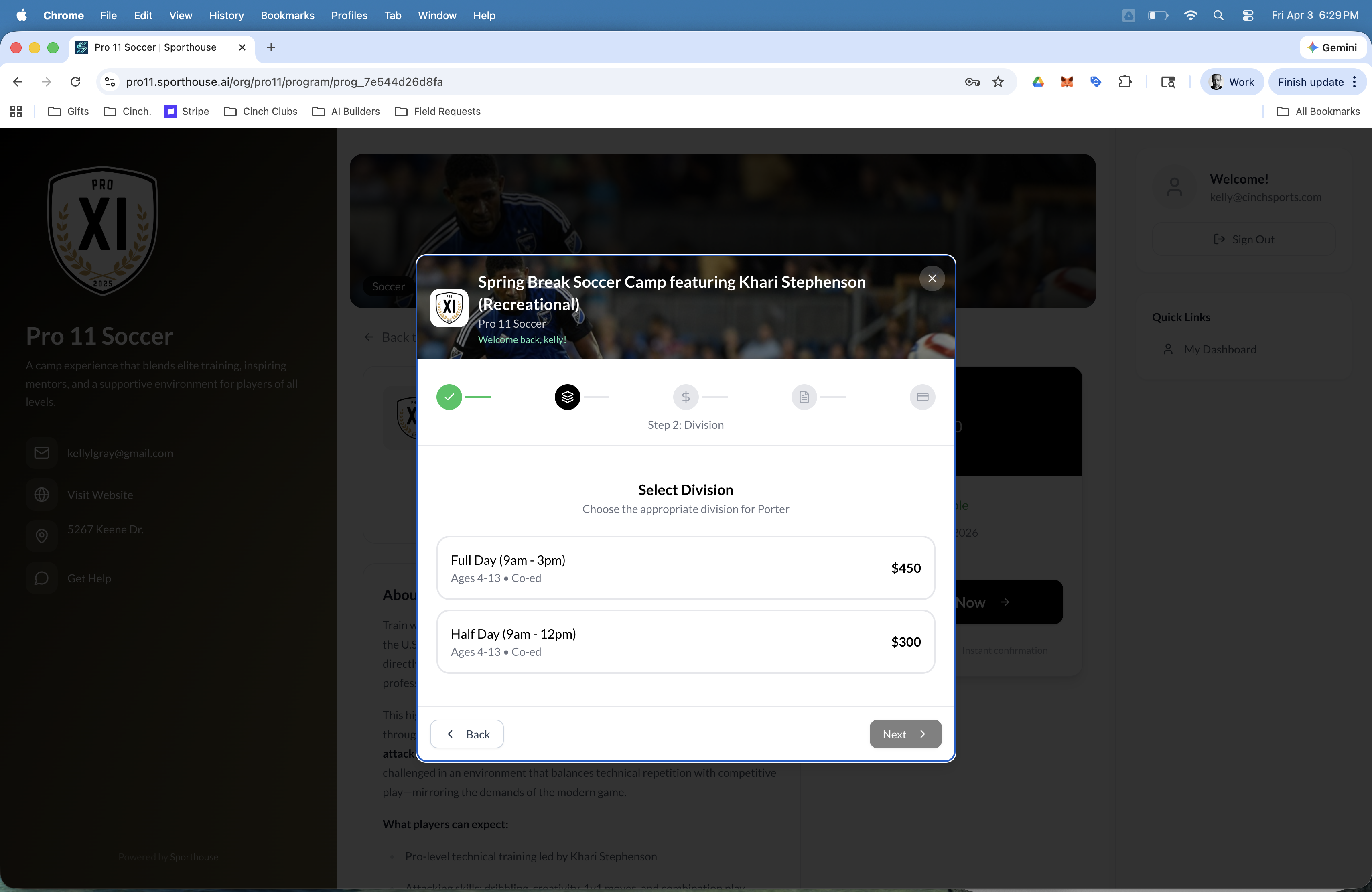 Sporthouse registration flow with division selection and pricing
