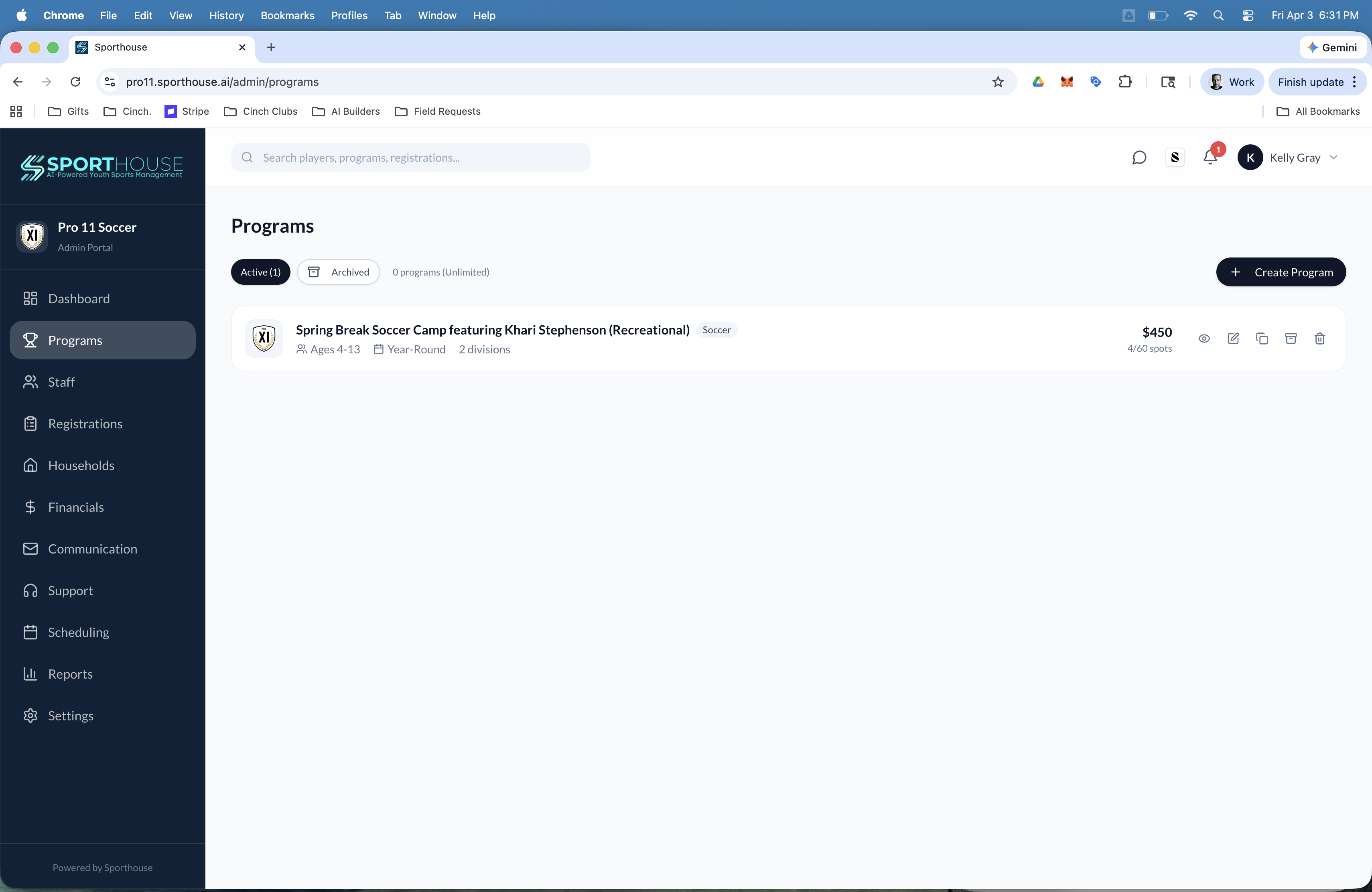 Sporthouse admin programs list with management tools