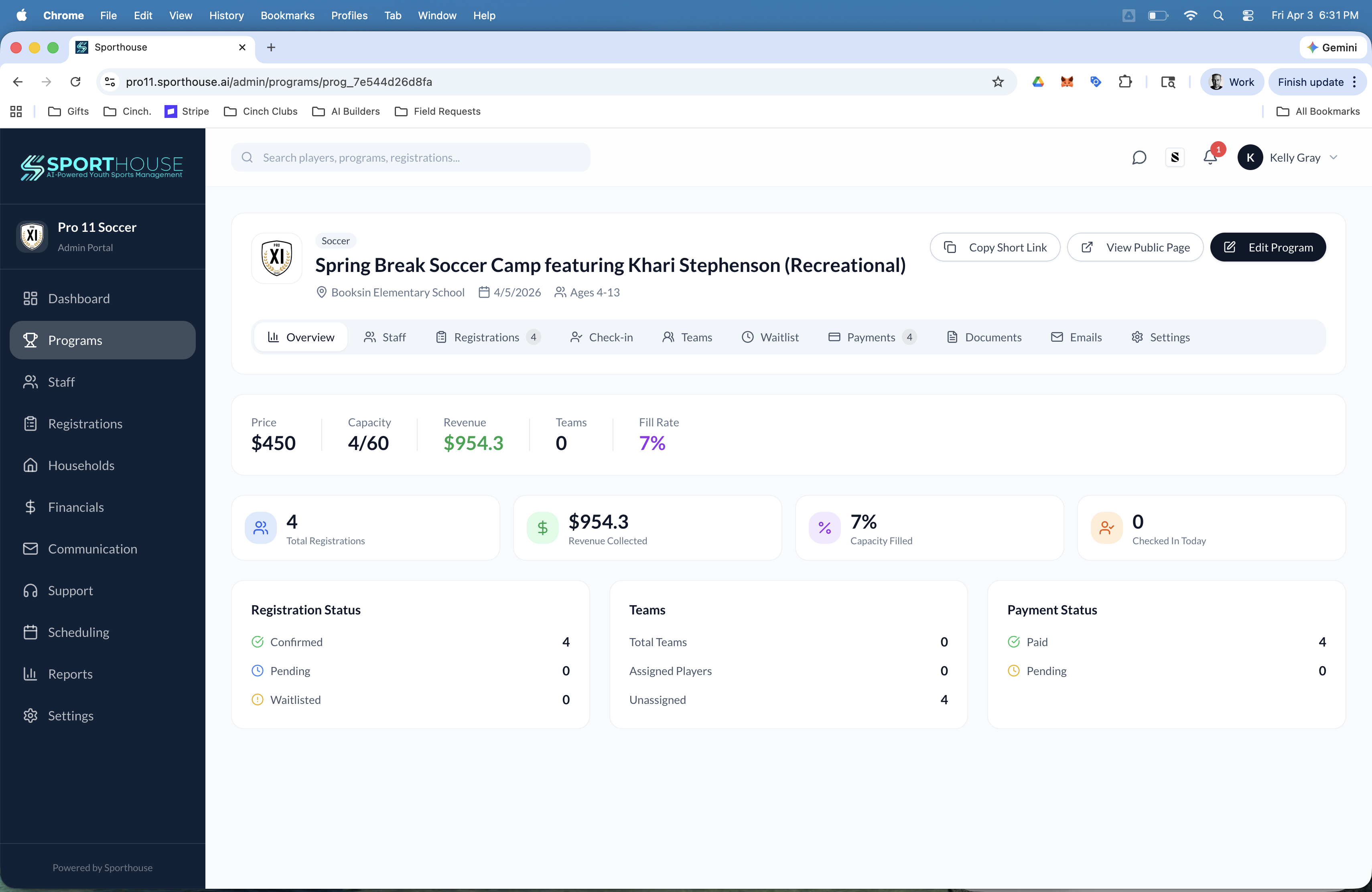 Sporthouse program overview with revenue tracking and payment status